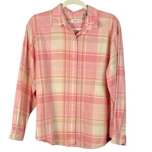Talbots Cotton Linen Blend Pink Cream Plaid Button Down Long Sleeve Large Blouse
